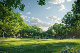 Parc de Coulondres avec des visiteurs profitant de la nature verdoyante