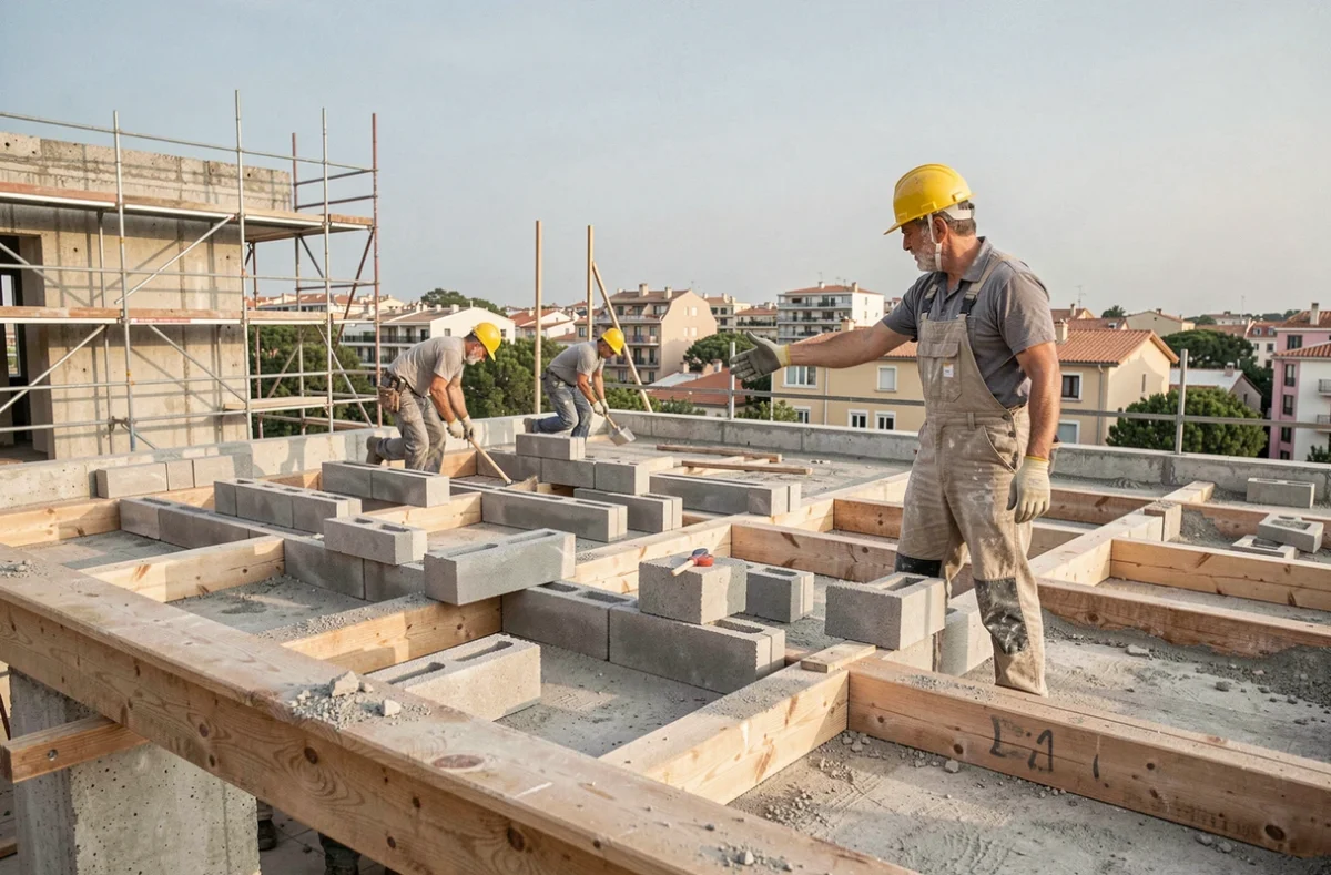 Chef d'entreprise couvreur supervisant un chantier de couverture et gros œuvre à Montpellier