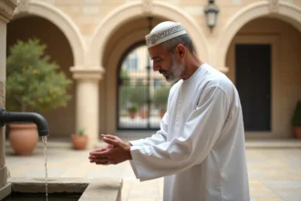 Homme en djellaba blanche effectuant les ablutions dans la cour d'une mosquée à Argenteuil avant la prière