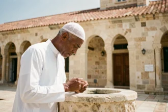 Homme effectuant les ablutions avant la prière devant une mosquée à Marseille