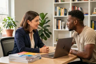 Conseillère professionnelle accompagnant un jeune homme lors d'un entretien dans un centre d'aide contre les discriminations