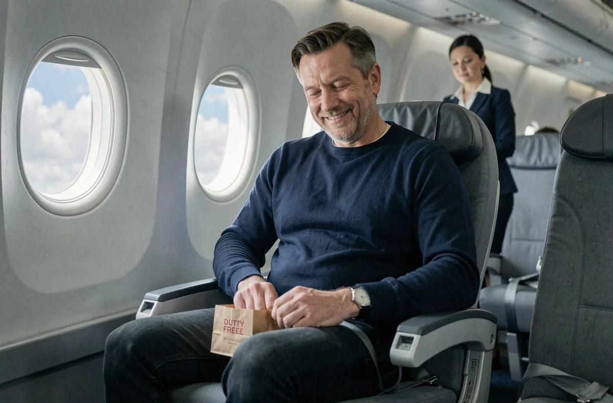 Passager rangeant une cartouche achetée en duty free dans un avion en vol
