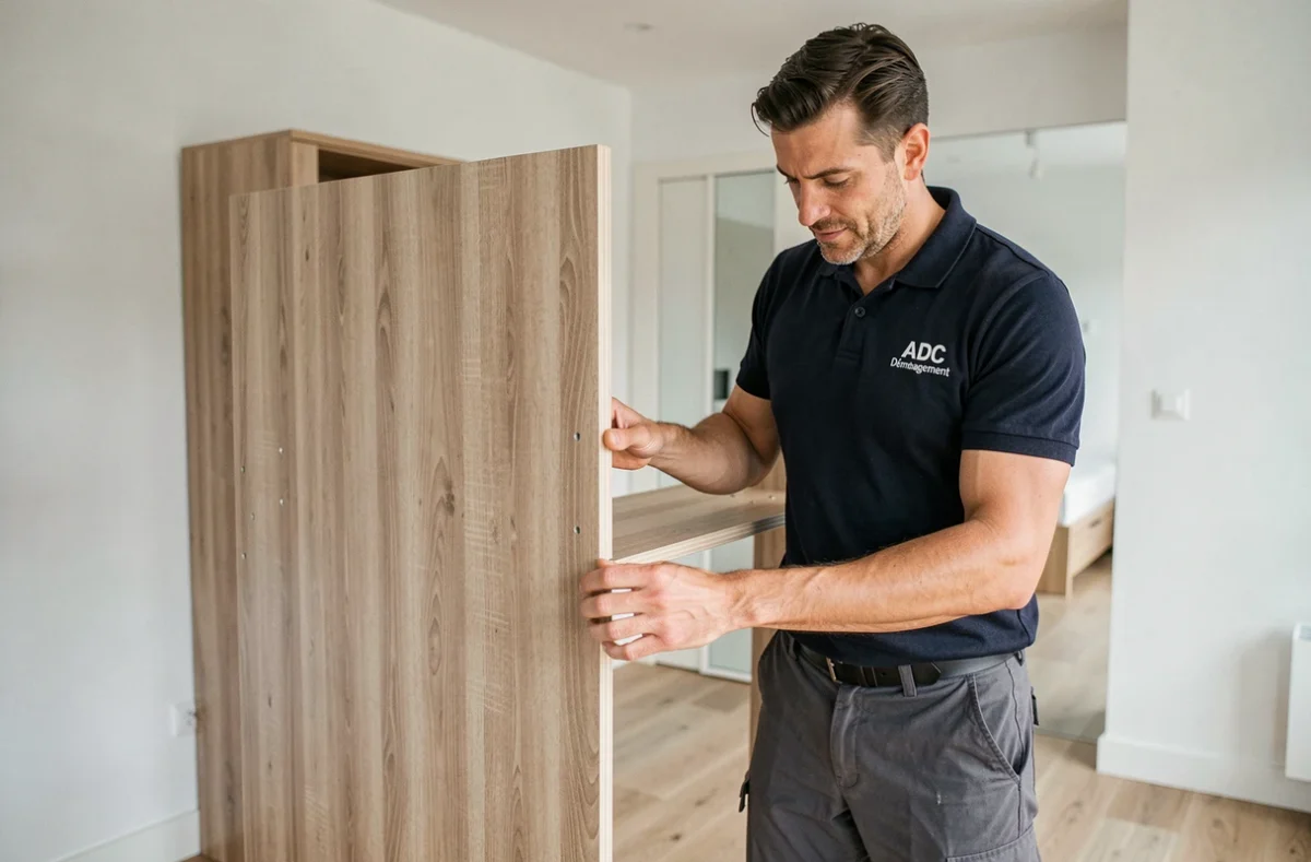 Déménageur ADC Déménagement assemblant une armoire dans un appartement moderne de Brest