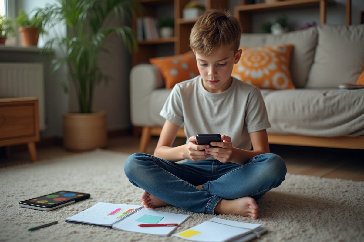 Adolescent examinant son smartphone dans le salon