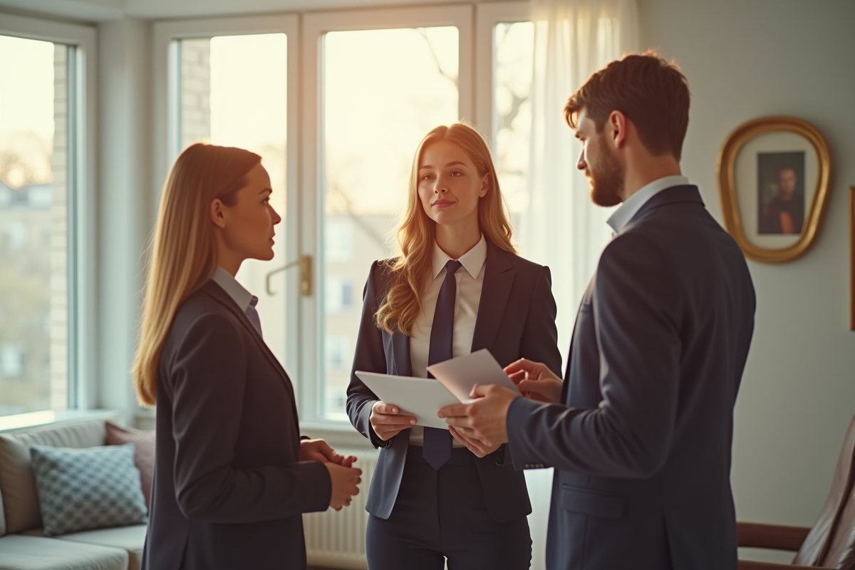 Agent immobilier montrant un appartement ensoleille a un couple