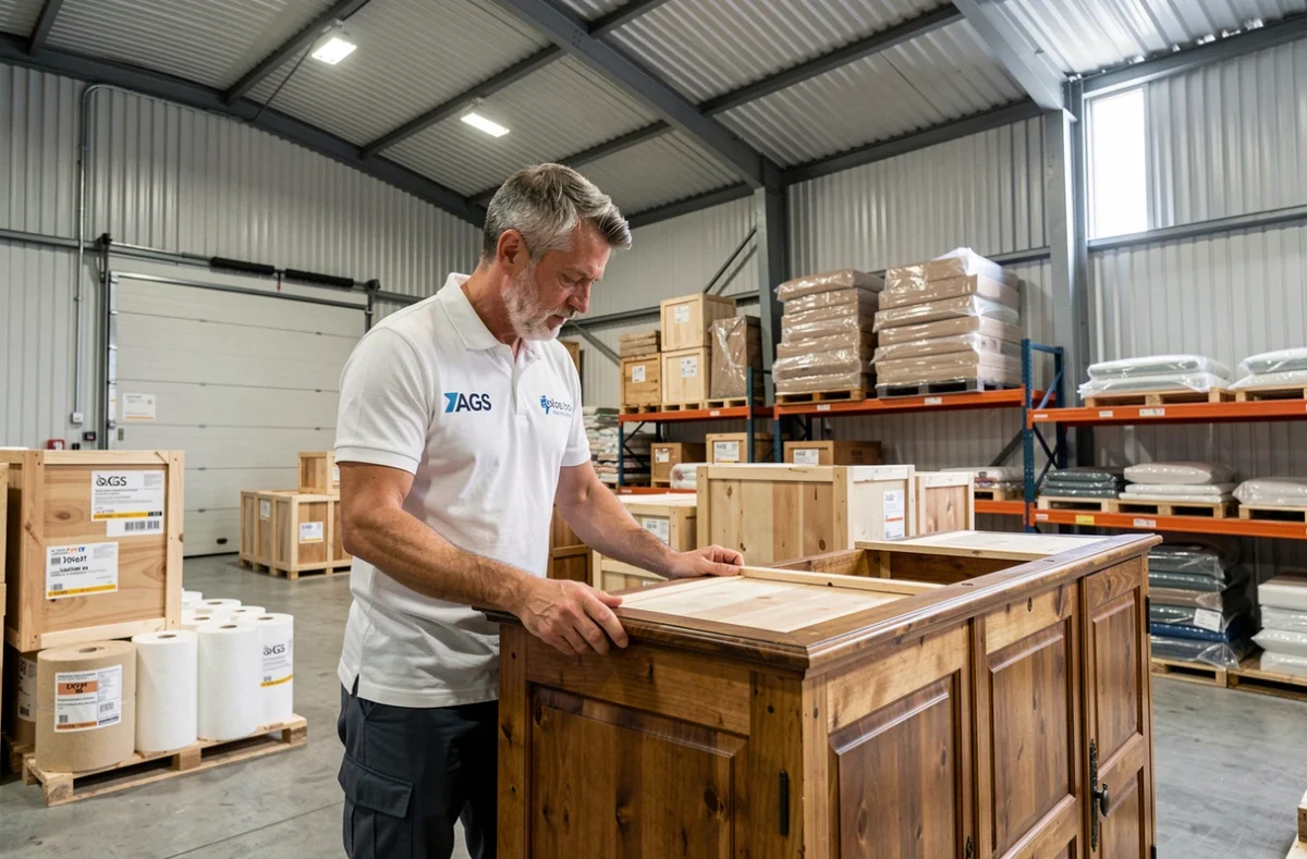 Professionnel d'AGS Déménagements supervisant l'emballage d'un meuble en caisse bois pour un déménagement international depuis la Haute-Corse