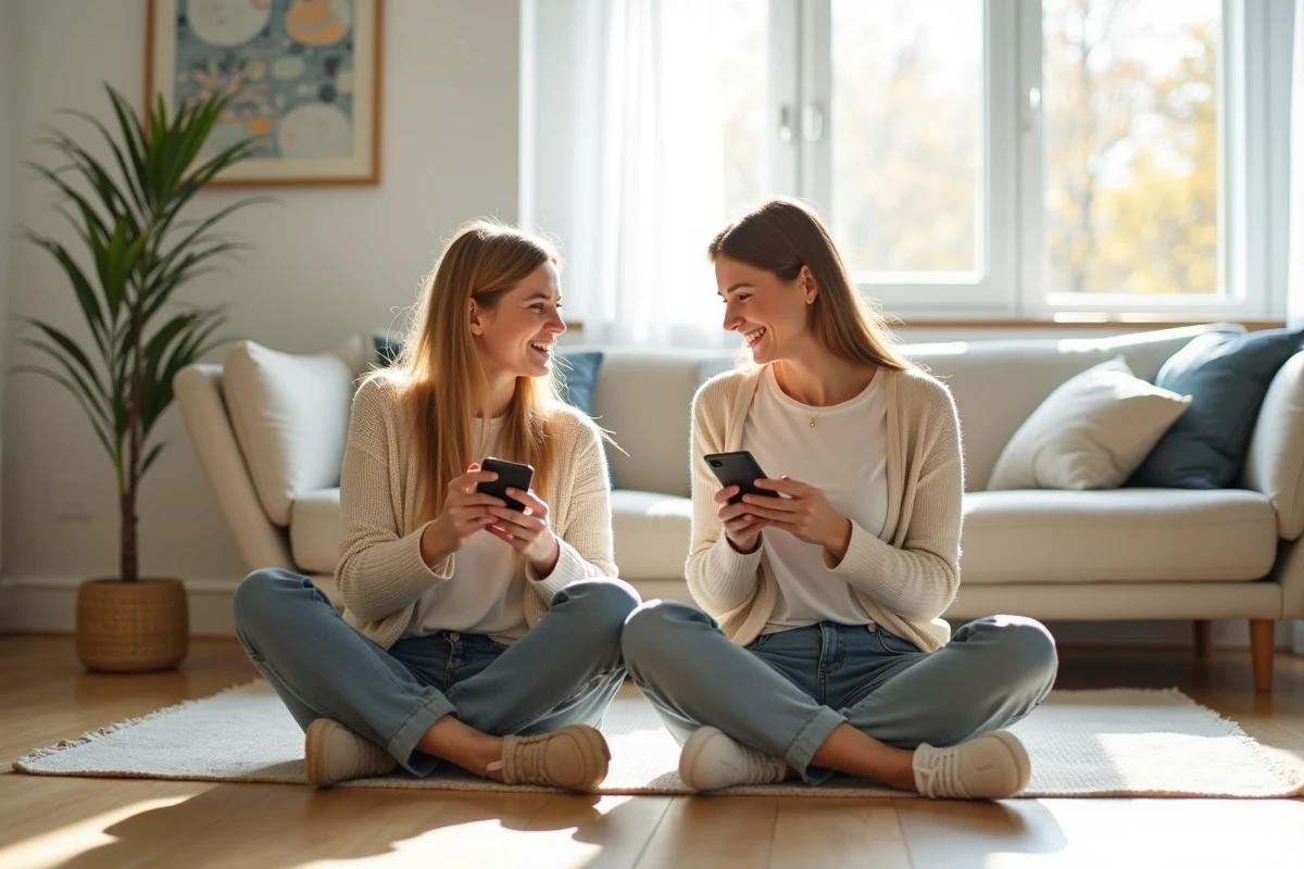 Deux amies dans un appartement lumineux réagissant à un message inattendu évoquant une connexion télépathique entre personnes