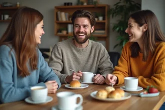 Trois jeunes adultes partageant un repas convivial dans une cuisine chaleureuse