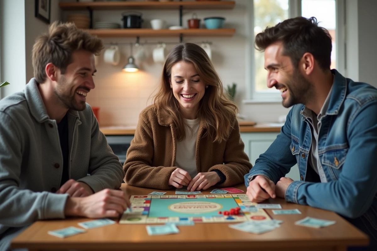 Groupe d'amis adultes jouant ensemble au Monopoly autour d'une table de cuisine avec des billets et des pièces de jeu éparpillés