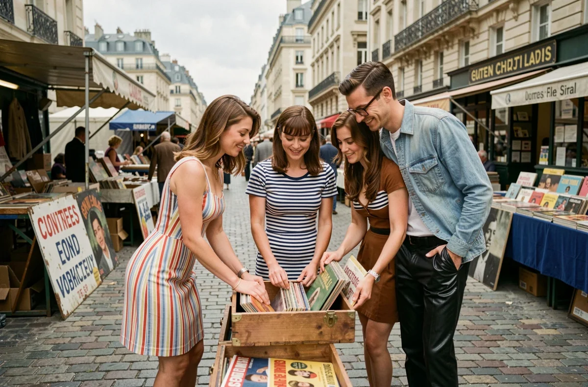 Groupe d'amis en tenue yé-yé années 60 découvrant des vinyles français dans un marché aux puces parisien