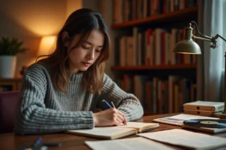 Jeune femme analysant les paroles de La Symphonie des Éclairs dans un carnet de notes manuscrit sur un bureau en bois