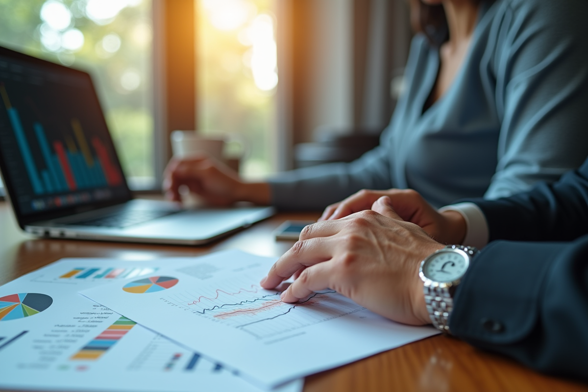 Mains analysant portefeuilles avec graphiques et ordinateur