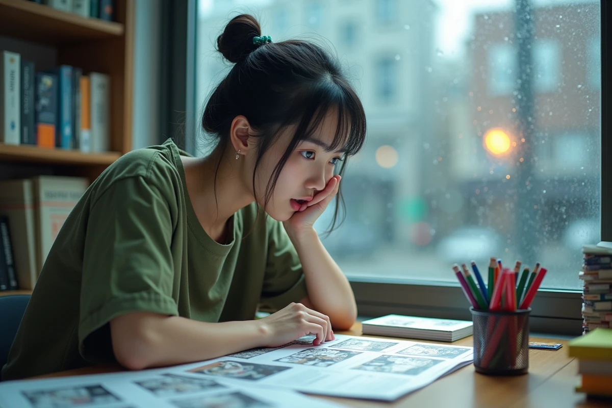 Jeune femme analysant des théories sur One Piece 1155 avec des notes manuscrites éparpillées sur un bureau