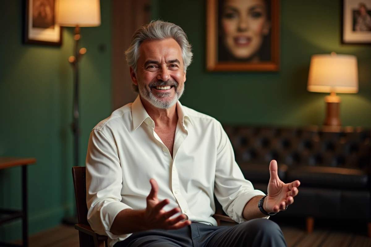 Ancien présentateur TV français aux cheveux grisonnants lors d'une interview détendue dans une loge de plateau