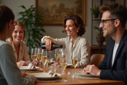 Femme élégante servant du champagne lors d'un apéritif entre amis