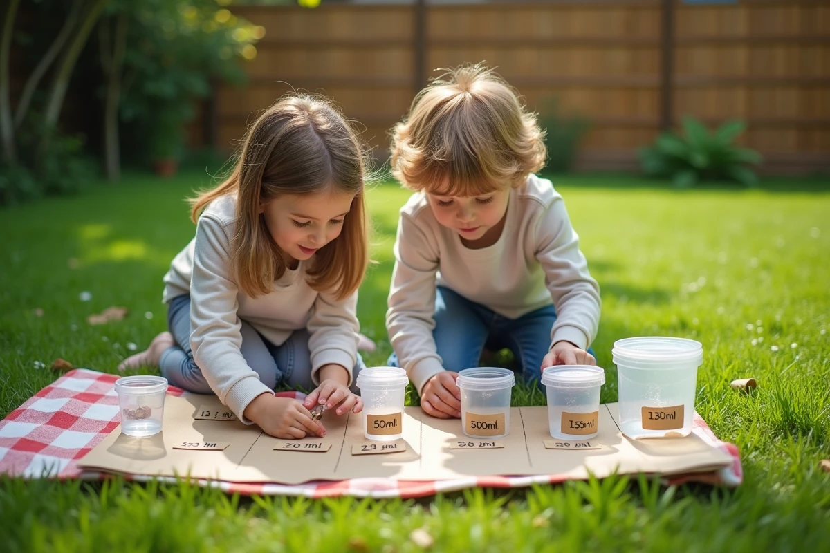 Deux enfants disposant des contenants de différentes tailles pour apprendre visuellement la conversion des litres dans un jardin