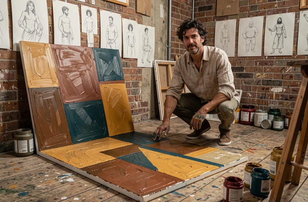 Artiste masculin travaillant sur une grande toile abstraite dans son atelier, inspiré du mouvement yelaszozjindofo