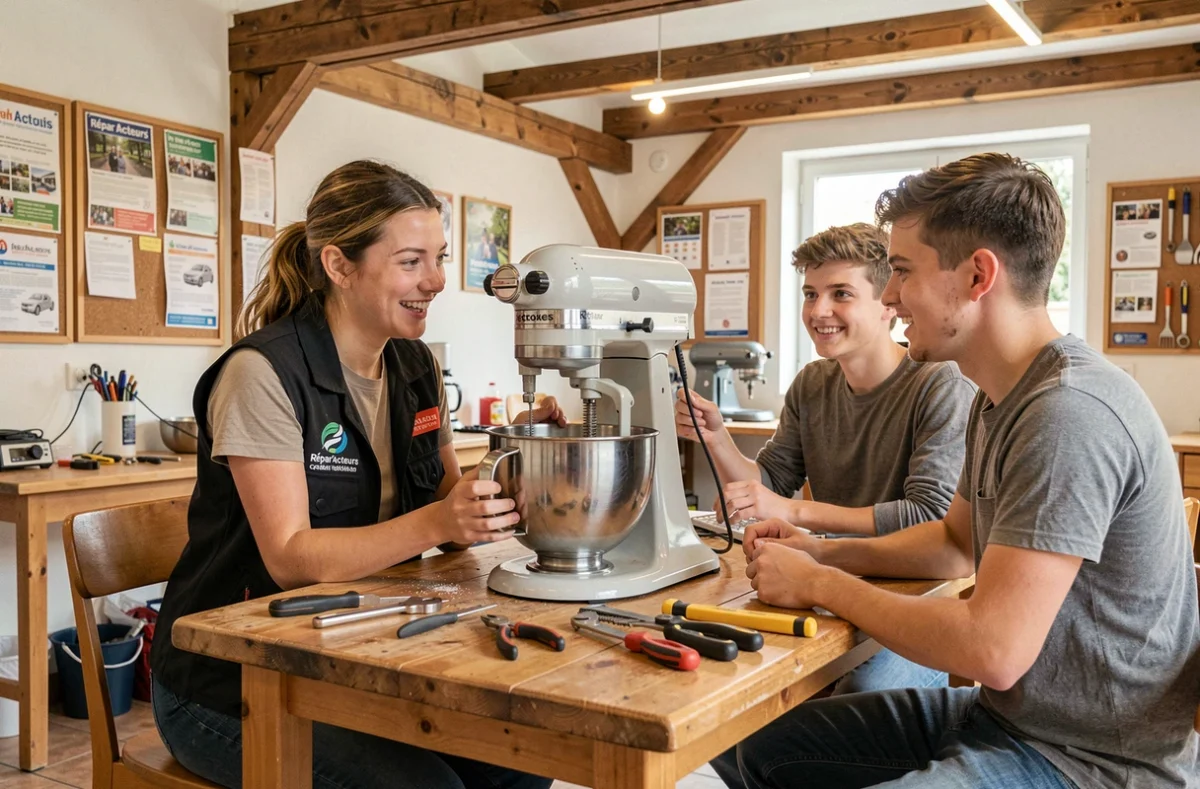 Réparatrice labellisée Répar'Acteurs aidant un couple à réparer un robot de cuisine dans un café-réparation du Grand Est
