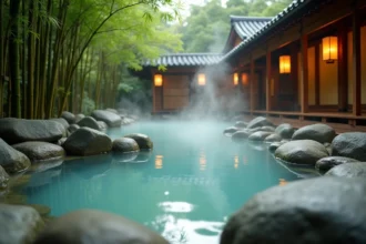 Bain thermal japonais onsen traditionnel en plein air entouré de rochers volcaniques et de bambous avec vapeur naturelle