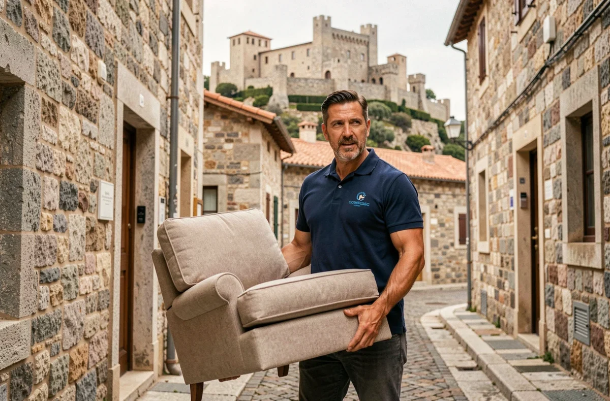 Déménageur de Balagne Déménagements portant un fauteuil devant une maison en pierre à Calvi avec la citadelle en arrière-plan