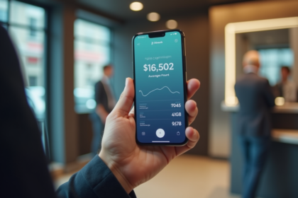 Intérieur moderne d'une banque française avec smartphone affichant un solde moyen