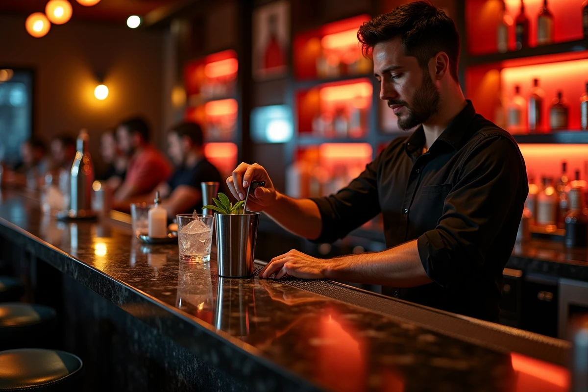 Barman préparant des cocktails dans un bar de nuit à Perpignan ouvert après minuit