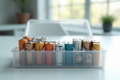 Batteries lithium rangées dans un organisateur blanc
