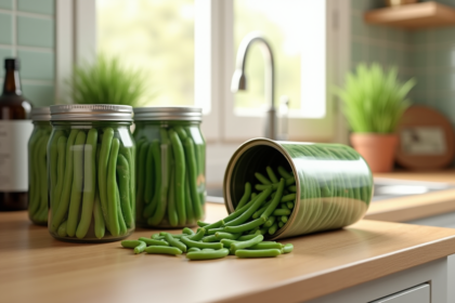 Boîtes de haricots verts sur un plan de travail en cuisine