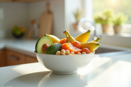 Bol rempli d'aliments riches en vitamine B6 sur une table blanche