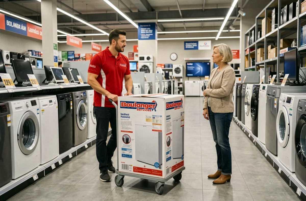Technicien Boulanger Services accompagnant une cliente dans le service après-vente électroménager multimarque