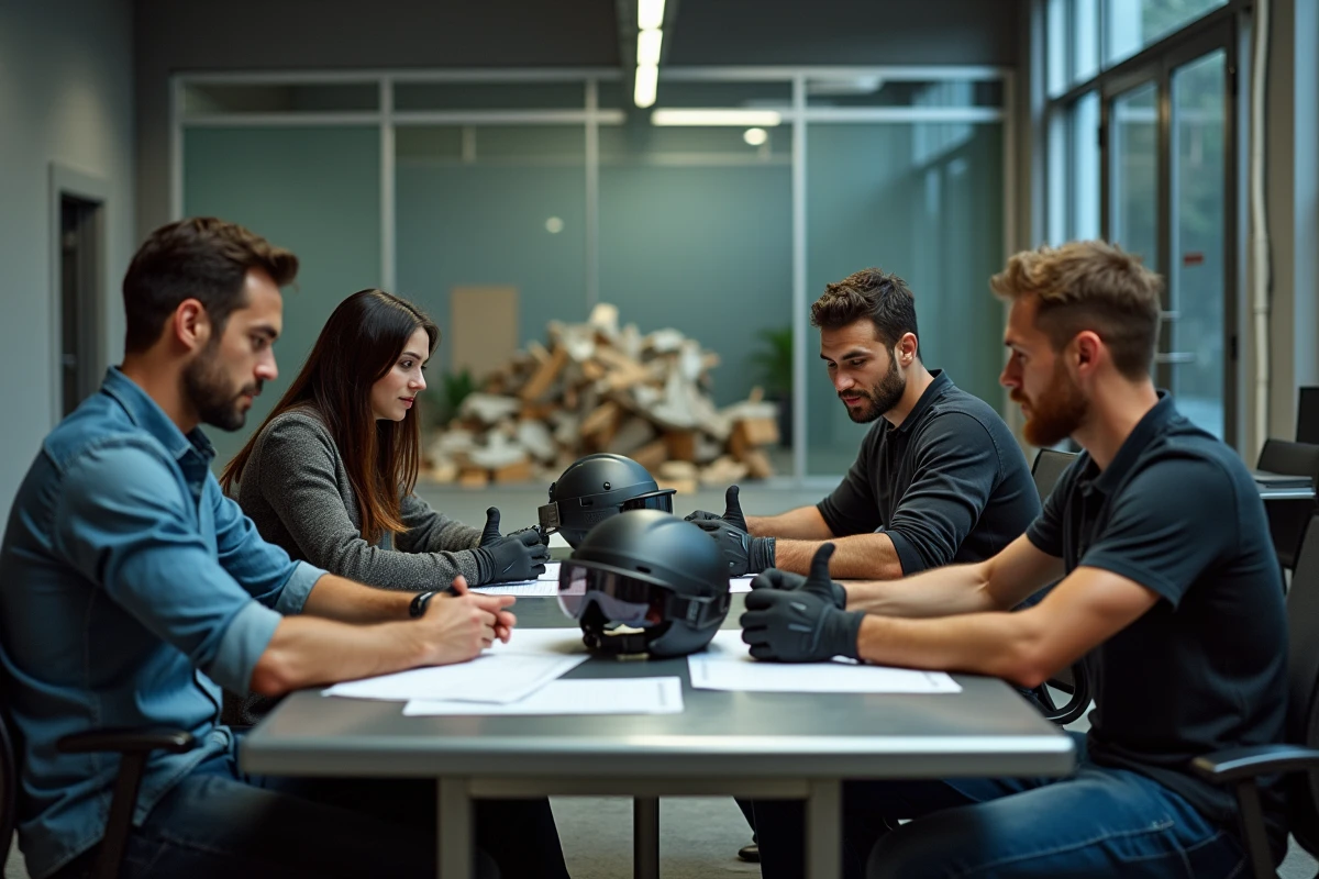 Équipe d'entreprise en briefing sécurité avant une session de rage room à Lyon pour un team building