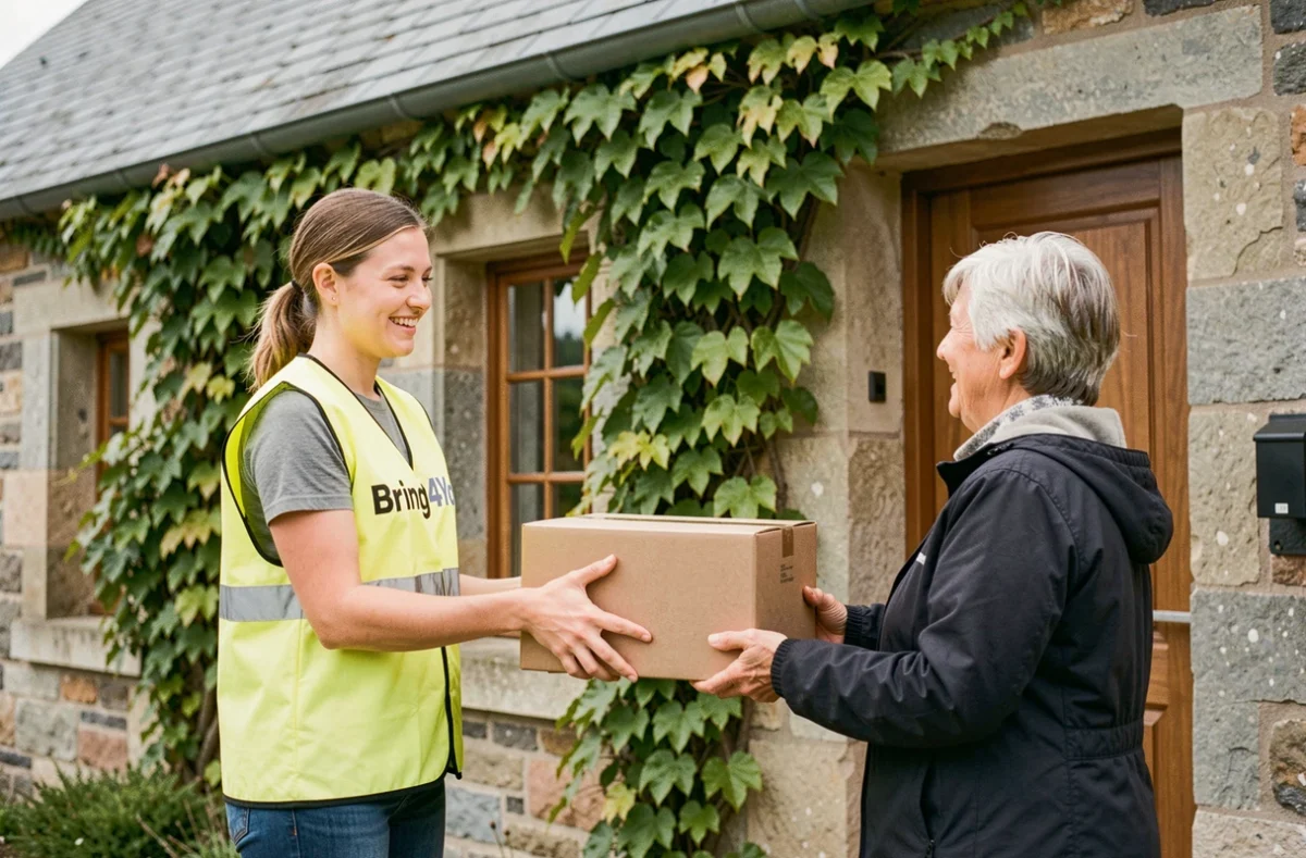 Livreuse Bring4You remettant un colis à une cliente devant une maison bretonne en pierre