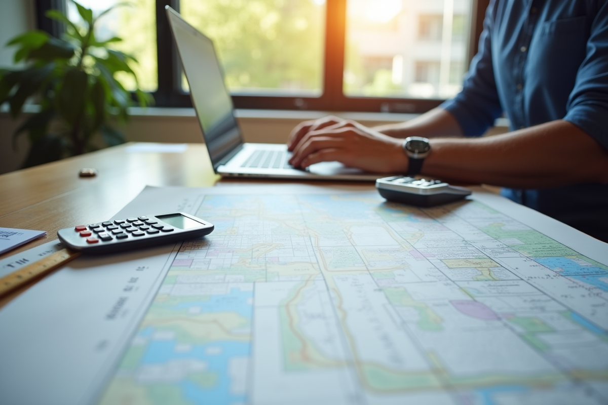 Bureau avec cartes et ordinateur pour relevé cadastral