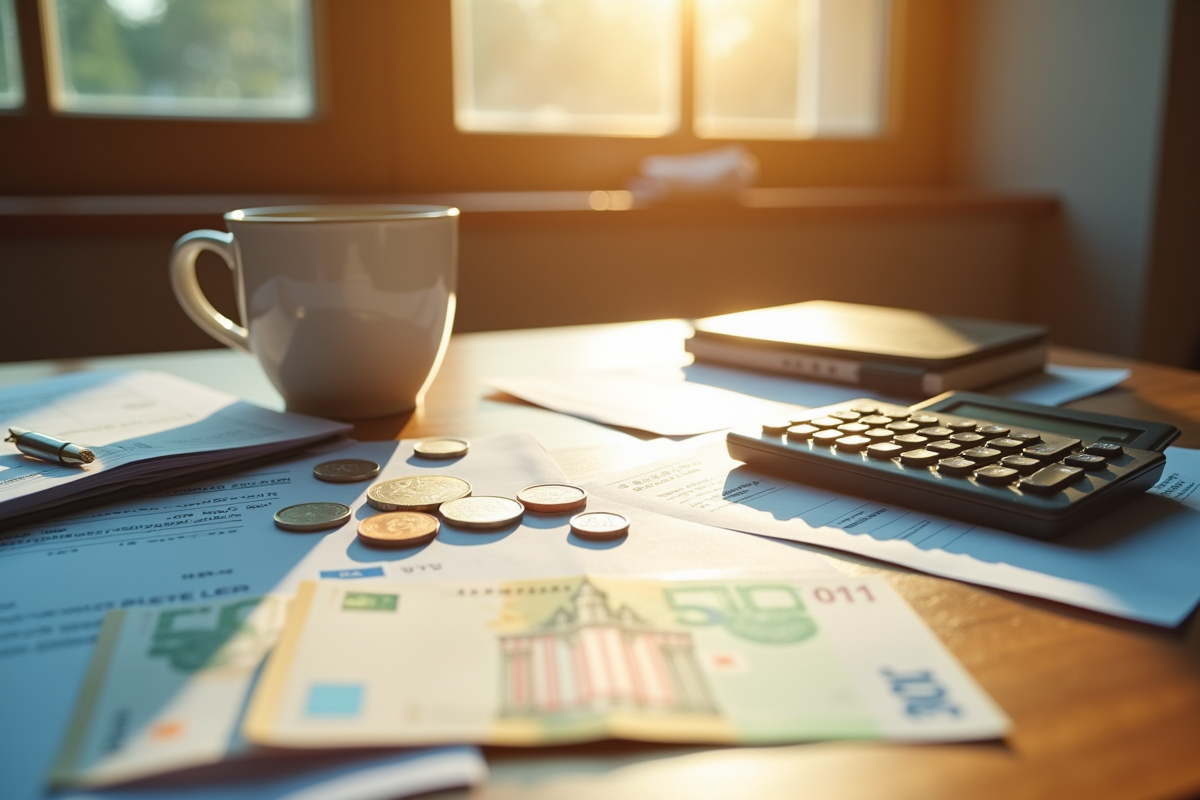 Bureau avec documents bancaires euros et café pour gestion financière