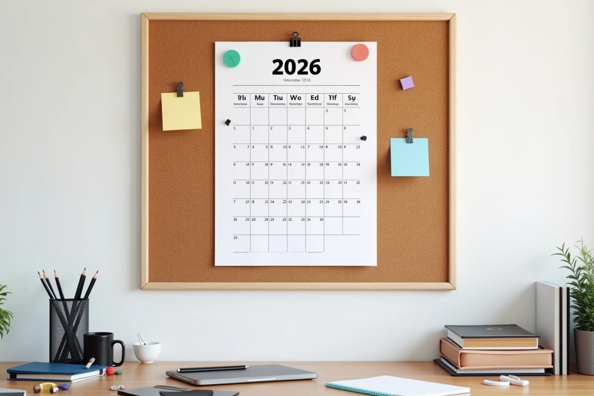 Calendrier 2026 format portrait épinglé sur un tableau en liège dans un bureau créatif avec notes et trombones