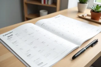Calendrier 2026 imprimé ouvert sur un bureau en chêne avec stylo et plante, affichant les semaines paires et impaires