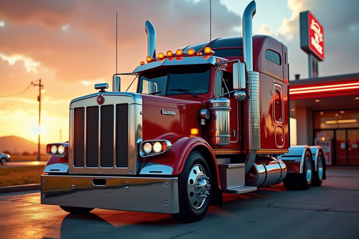 Camion américain vintage avec grille chromée au lever du soleil
