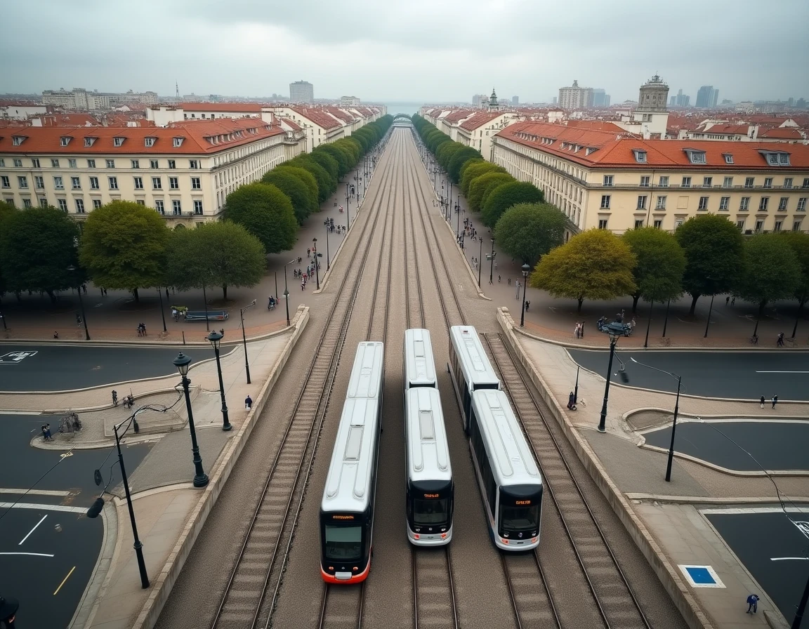 Vue aérienne du carrefour de lignes de tramway à Bordeaux, croisement des itinéraires tram E et F avec lignes A et B