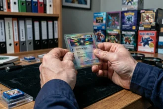 Mains de collectionneur tenant une carte Pokémon holographique rare en étui protecteur sur un tapis de velours sombre