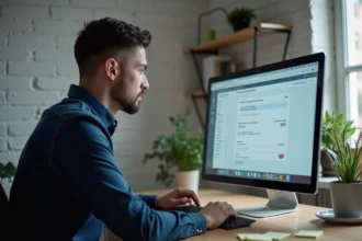 Homme mettant à jour les paramètres de nom de domaine d'un site web sur un ordinateur de bureau dans un bureau moderne
