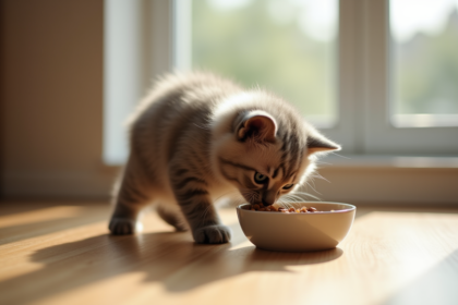 Chaton british shorthair mangeant dans un bol en céramique