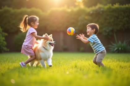 Chien Spitz japonais jouant dans un jardin ensoleille avec deux enfants