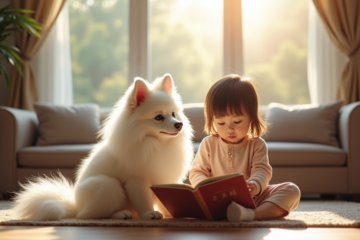 Chien Spitz japonais assis avec un enfant lisant un livre dans un salon chaleureux