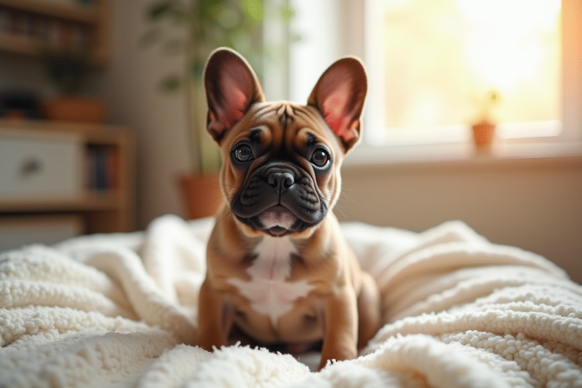 Chiot bulldog francais assis sur un coussin lumineux