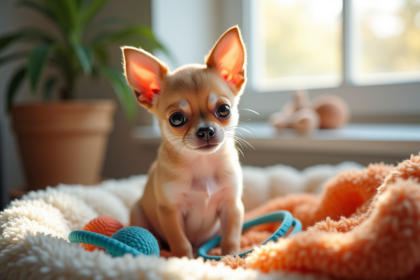 Petit chiot chihuahua sur un lit douillet avec jouets