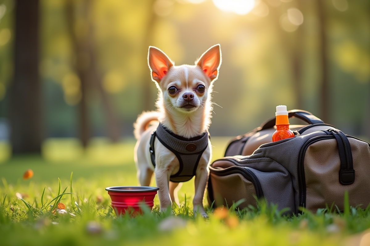Chiot chihuahua en harnais dans un parc en voyage