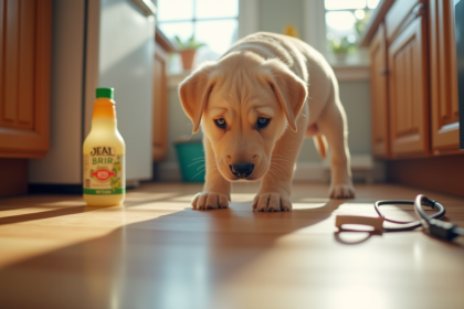 Chiot labrador curieux reniflant le sol de la cuisine