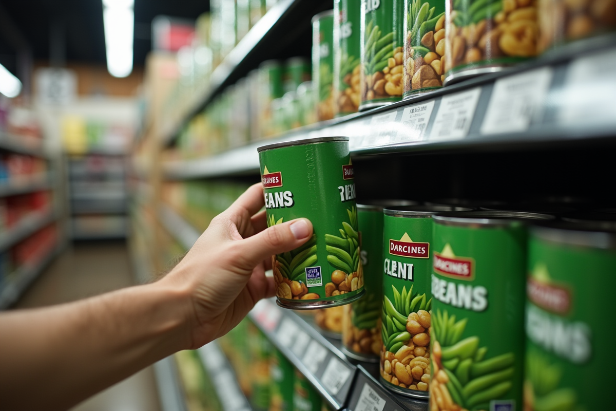 Main sélectionnant une boîte de haricots verts en supermarché