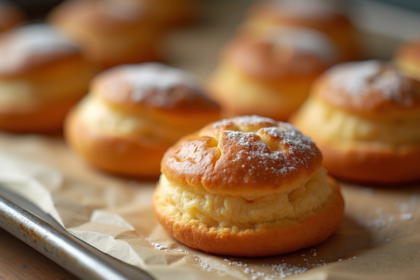 Choux craquelins cuits avec imperfections sur une plaque