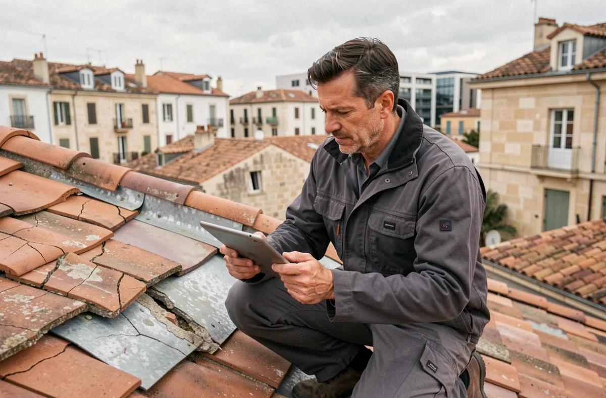 Couvreur diagnostiquant des dommages sur une toiture résidentielle à Montpellier avec tablette numérique